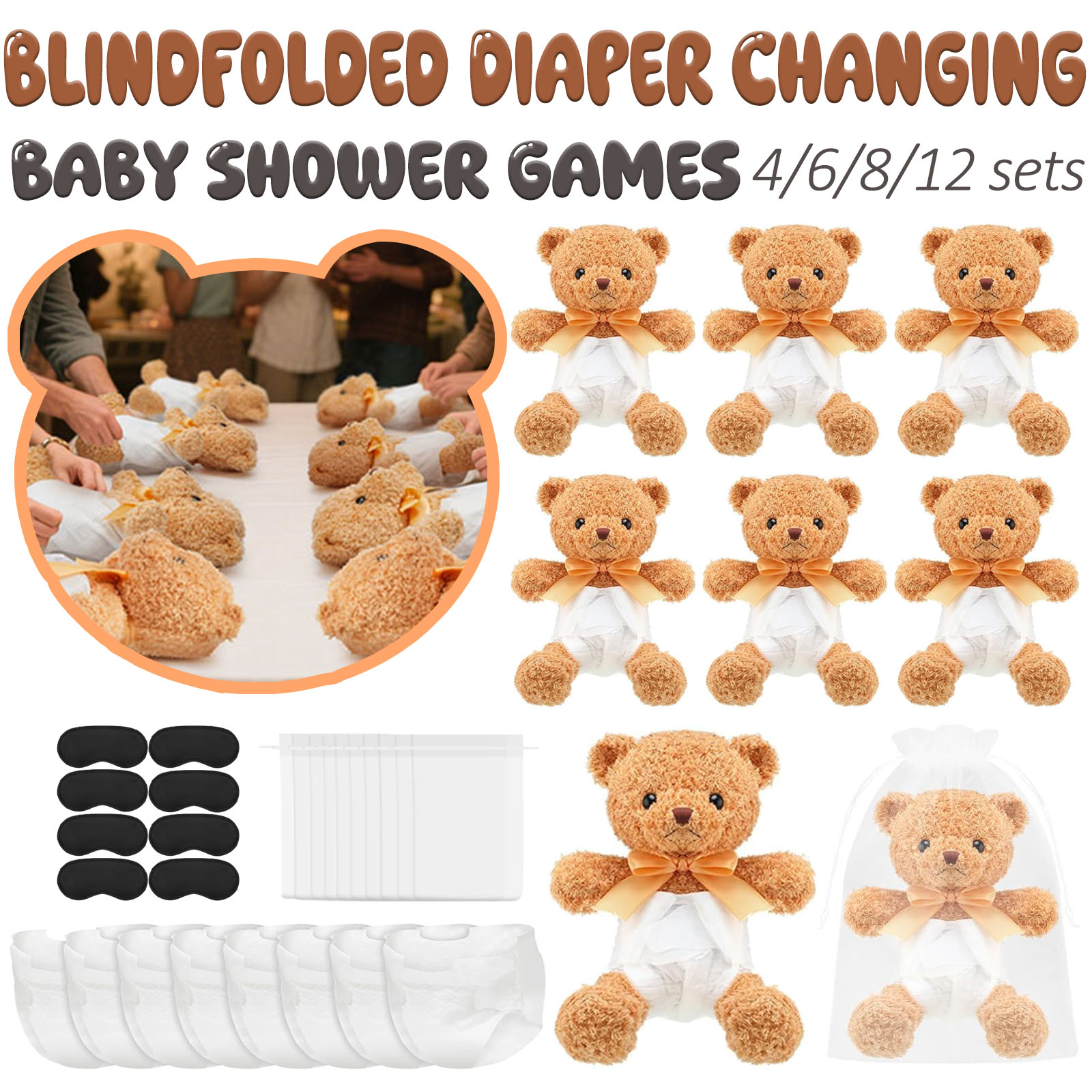 Cloth Diaper Insert - 4/6/8/12 ชุดเกมอาบน้ำเด็กรางวัลของขวัญผ้าอ้อมตุ๊กตาหมีผ้าปิดตาเปลี่ยนเพศเปิดเผยอาบน้ำเด็ก