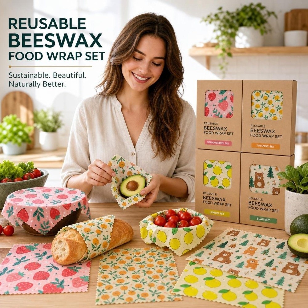 Beeswax Food Cover - 9 ชิ้น แผ่นห่ออาหารจากขี้ผึ้งหลายขนาด สำหรับรักษาความสดของอาหาร ออร์แกนิก ลายผลไม้