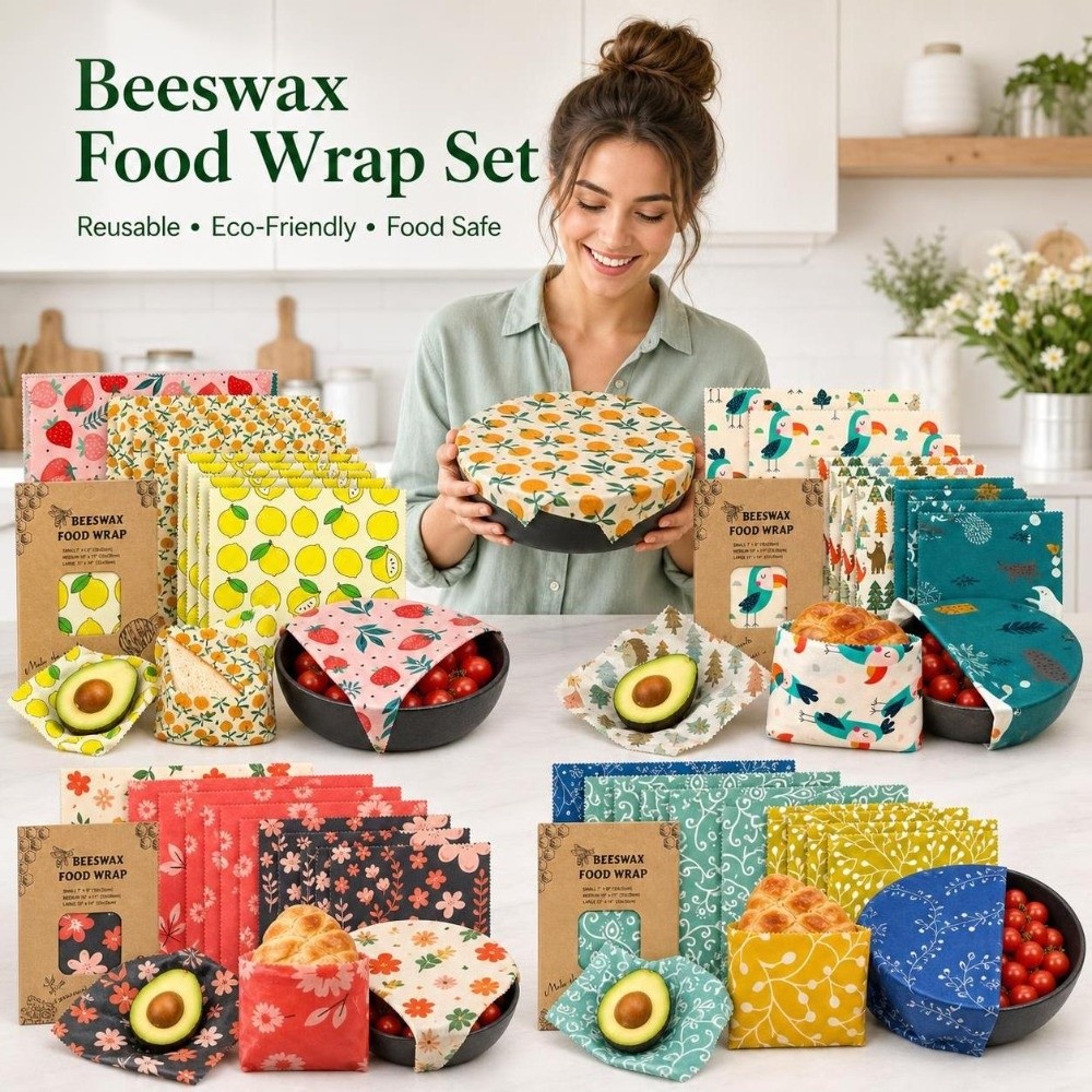 Beeswax Food Cover - 9 ชิ้น แผ่นห่ออาหารขี้ผึ้งหลายขนาด ล้างทำความสะอาดได้ ช่วยรักษาความสด ลายผลไม้เลมอน