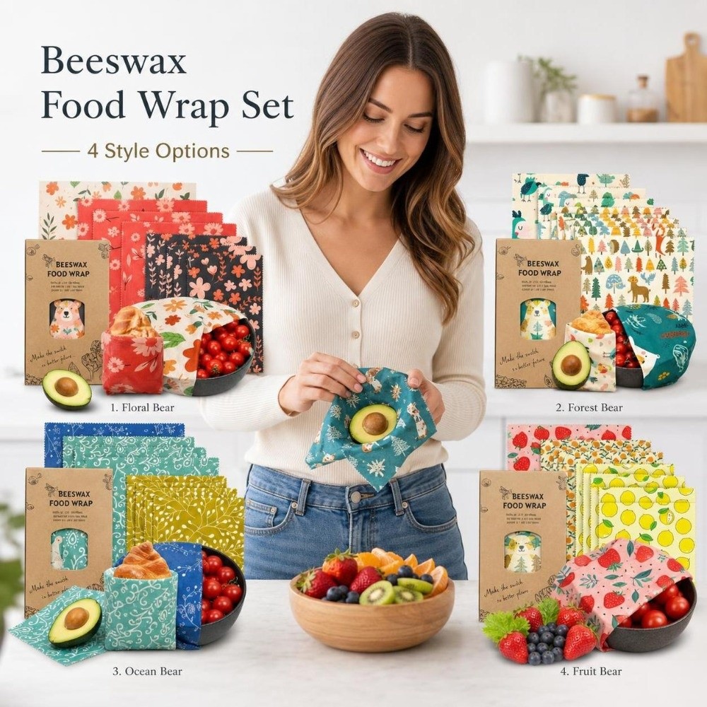 Beeswax Food Cover - 9 ชิ้น แผ่นห่ออาหารขี้ผึ้งหลายขนาด ล้างทำความสะอาดได้ วัสดุออร์แกนิก ลายสตรอว์เบอร์รี